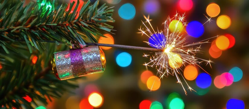 A festive sparkler lights up a Christmas tree branch with colorful lights.