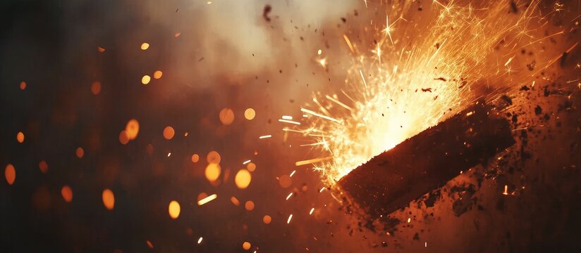 A fiery explosion occurs with sparks flying everywhere quickly burning a metal object in a dark industrial environment.