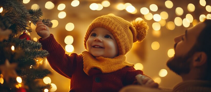 A smiling baby in a yellow hat decorates a Christmas tree with a man.