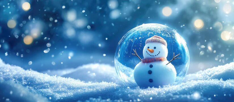 Snowman inside a glass snow globe on snowy ground with snowfall