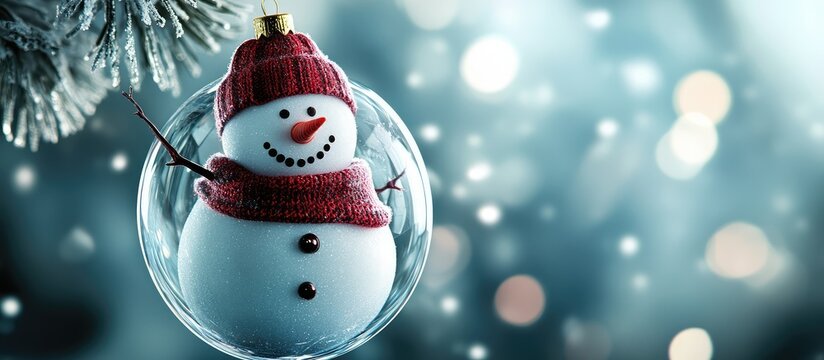 A cheerful snowman ornament wearing a red hat and scarf hangs from a Christmas tree branch.