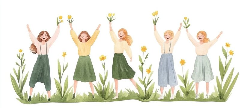 Five women joyfully hold flowers in a field of yellow blooms and green grass