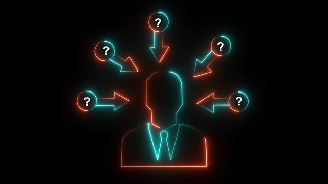 Glowing neon line Human head with question mark icon isolated on black background. head with question mark inside human mind., Concept of innovation on Motion Graphic..