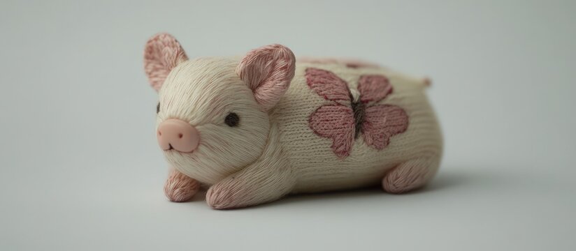 A small ceramic pig figurine with pink butterflies on its side lies on a plain surface.