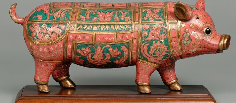 A colorful, ornate pig figurine stands on a wooden base indoors.