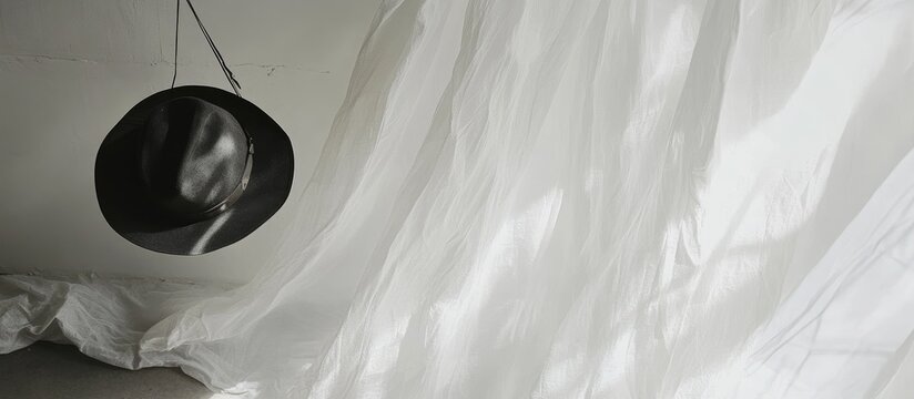 A stylish fedora hangs from a hook on a wall beside a rumpled bed with white sheets and a pillow in a serene indoor setting.