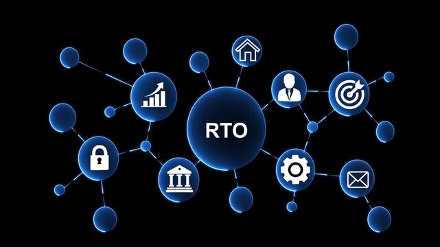 Glowing RTO Network Animation with Business, Security and Performance Management Icons on Black Background of Motion Graphic Animation...
