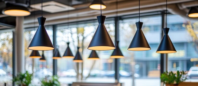 Modern office interior with black hanging lamps and green plants near large windows