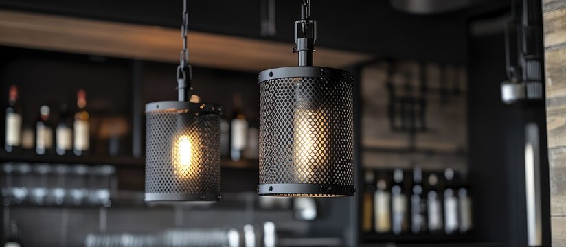 Two hanging industrial lights illuminate a dimly lit room with bottles on shelves