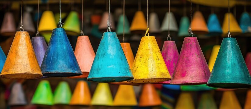 Vibrant colorful lamps hang in a store with multiple rows of cones on display
