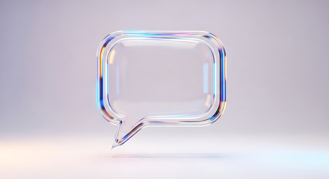 Glass speech bubble, transparent dialog box, 3D illustration, shiny speech balloon