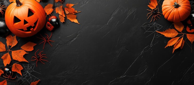 A spooky Halloween scene with jack-o-lanterns, pumpkins, and orange leaves on a dark surface