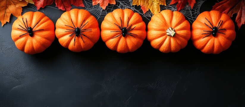 A vibrant row of pumpkins and autumn leaves on a dark surface