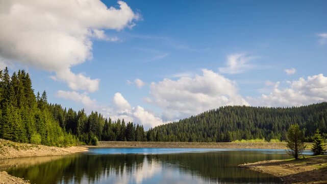 Lake with clear water and stone shore in spruce forest with fir trees against a daytime sky