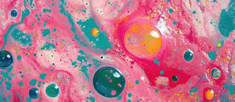 Vibrant colorful paint bubbles float on pink liquid surface with blue and green hues