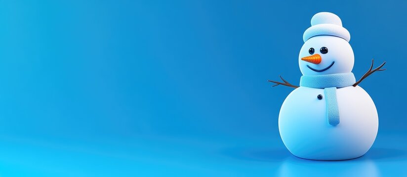 A smiling snowman wearing a hat and scarf stands on a blue surface.