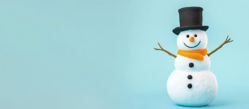 A cheerful snowman wearing a top hat and scarf stands on a blue surface.