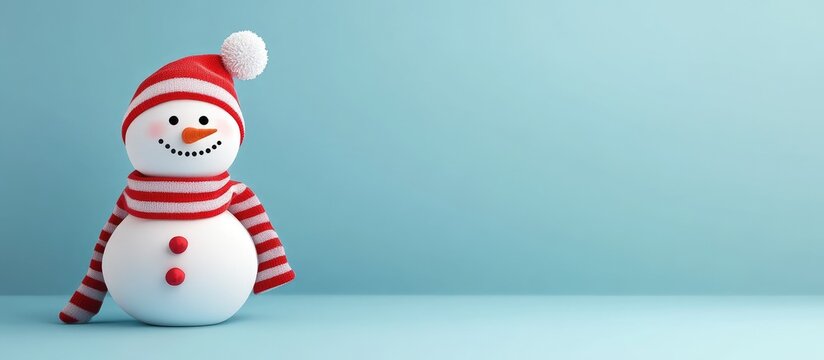 A cheerful snowman wearing a red hat and scarf sits on a blue surface.