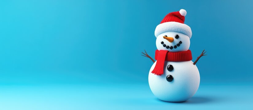 A cheerful snowman wearing a red scarf and hat stands alone in a blue environment.
