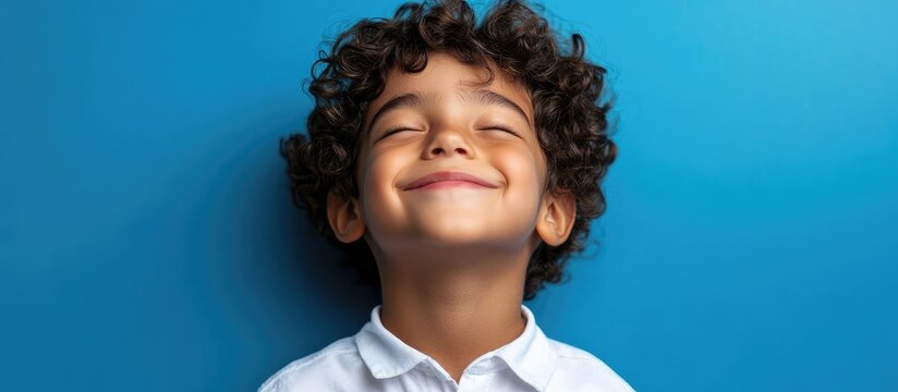 A young boy with curly hair smiling up at something in a studio with a blue background and wearing a white shirt