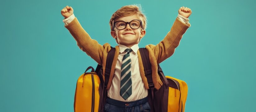 Excited young boy with glasses and backpack raised arms standing indoor