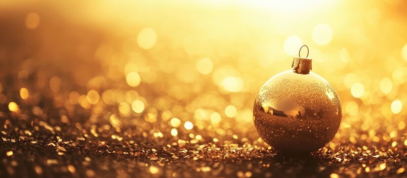 Golden Christmas ornament on sparkly surface with blurred lights shining brightly