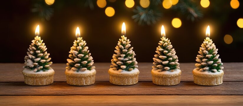 Christmas tree candles lit on wooden table with festive lights