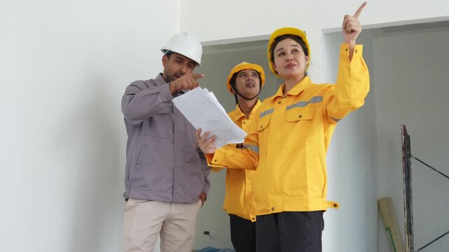 Construction engineers and building inspectors reviewing blueprints during an interior site inspection, ensuring safety, quality control and structural renovation.
