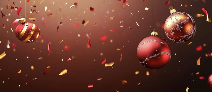 Hanging colorful Christmas ornaments with confetti falling around them indoors