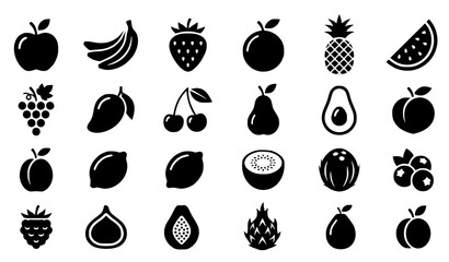 Modern black fruit icon collection with apple banana grapes mango strawberry pineapple avocado pear and healthy food vector symbols isolated on white © MdShojib