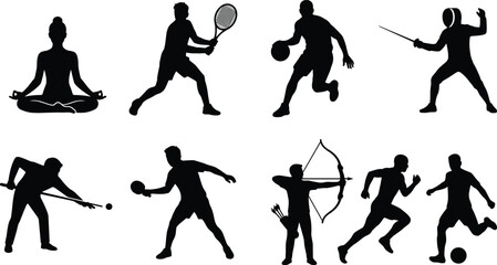 Silhouette icons of diverse sports and physical activities including yoga, tennis, basketball, fencing, and more © MDMUNTASSER