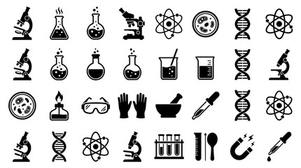 Obraz premium Science and laboratory equipment vector black icons grid set