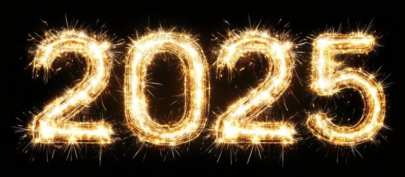 Glowing 2025 numbers sparkle brightly on a dark background with festive light