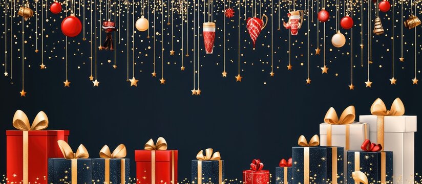 Gifts wrapped in gold ribbon hanging under Christmas ornaments