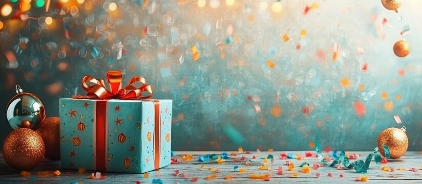 A gift box with colorful confetti and ornaments on a table indoors