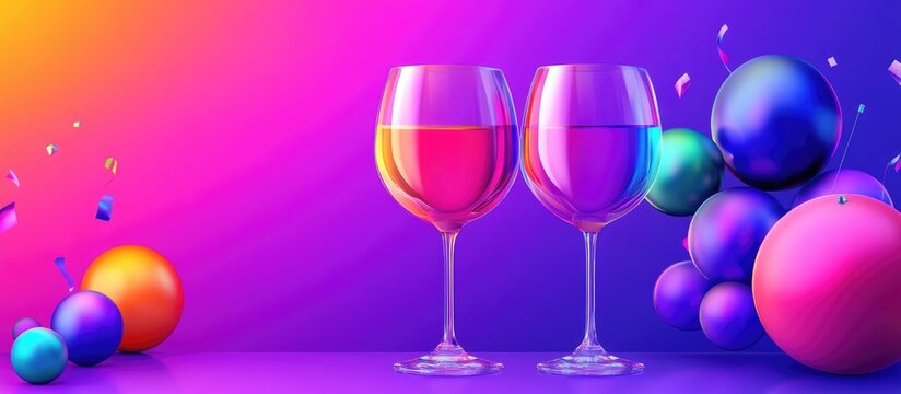 Vibrant scene with two wine glasses surrounded by colorful balls on a purple background with a neon effect