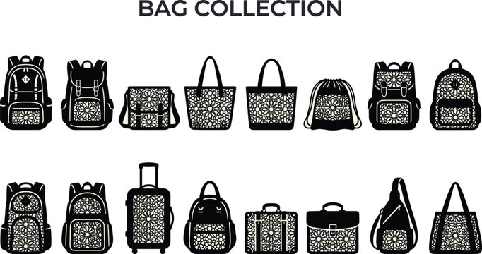 Collection of various bag silhouettes with intricate mandala patterns on a plain white