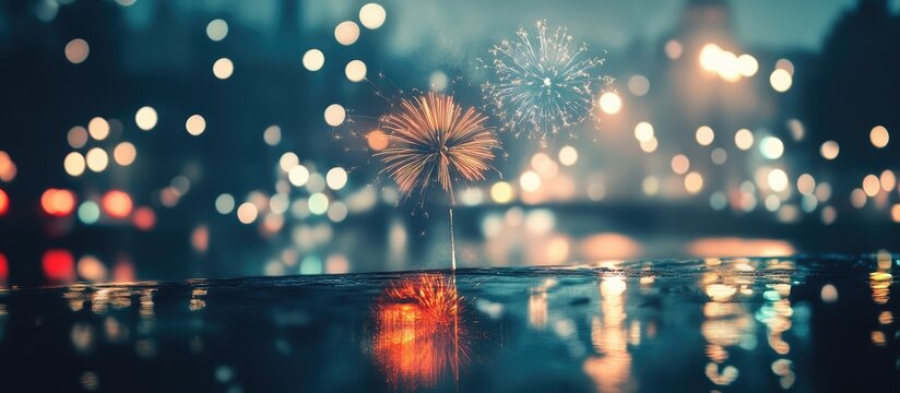Fireworks explode over a body of water at night with city lights reflecting on the surface