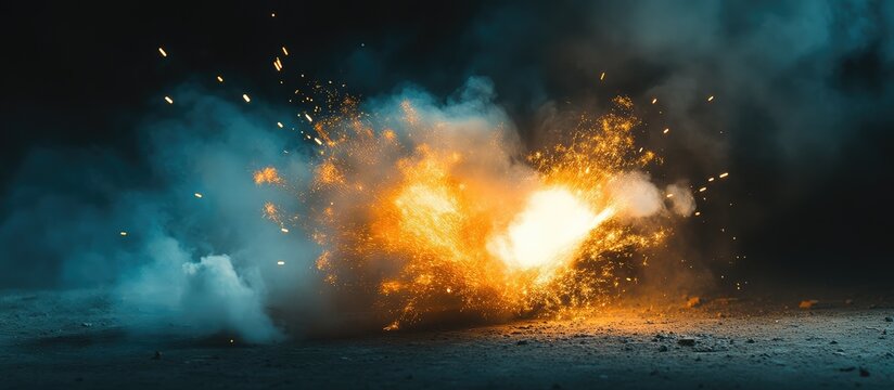 A massive explosion occurs on the ground with smoke and sparks flying everywhere at night.