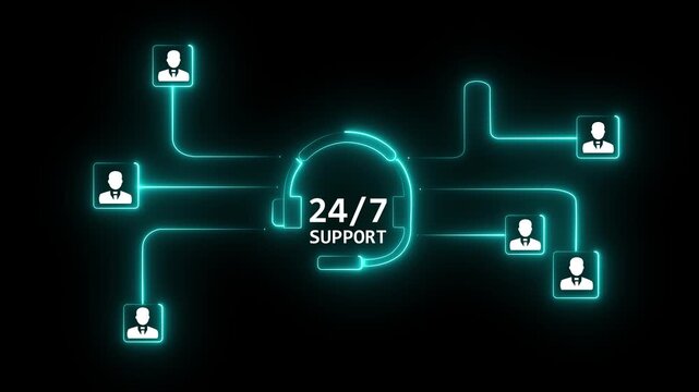 24/7 Live Support - Animated Customer Service. 24/7 Customer Support, Online Assistance, Service, Communication, and Digital Solutions with 4k Motion Graphic Animation..