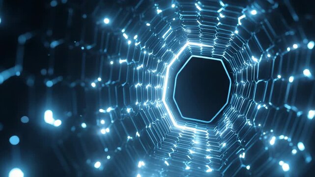 Secure data tunnel made of glowing hexagonal patterns with slow forward motion symbolizing encrypted digital communication with clean lighting