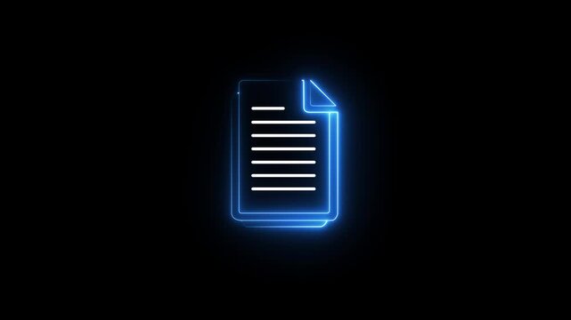 Stack of white documents with blue corner pages filled with written lines and thick outline glowing paperwork animation. 4k Animation Video..