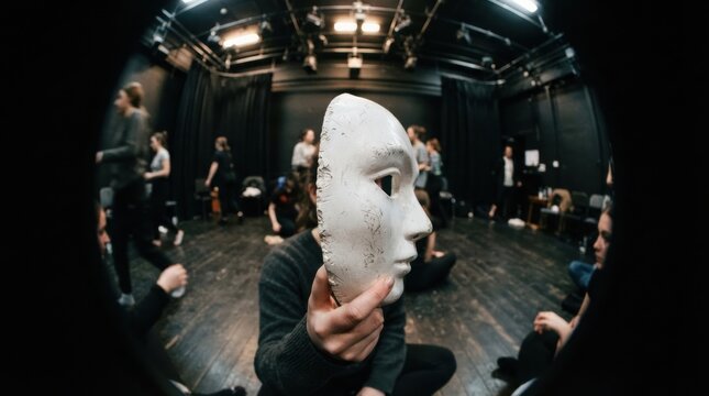 A mask of a face, held up to the camera by a person