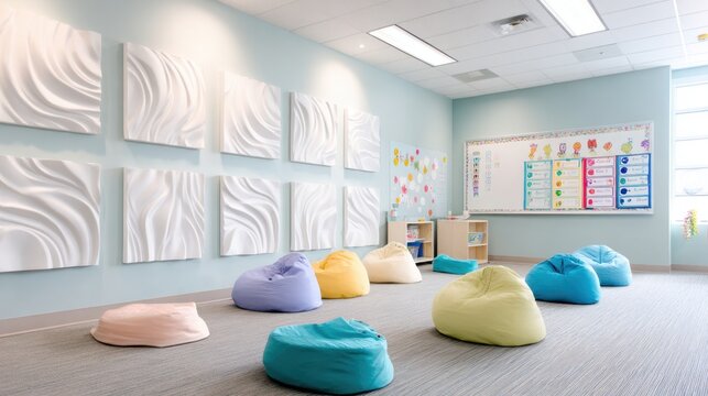 Calm pastel classroom reading area with bean bag seating and wall art for education design poster background