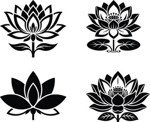Obraz premium Lotus flower silhouette vector icons, black floral zen symbols for yoga and wellness branding, set of 4 elegant blooming water lily illustrations