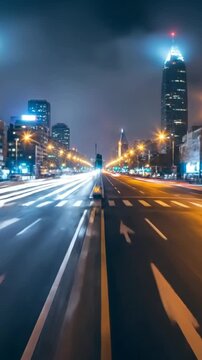 A city street at night with a busy road and tall buildings illuminated