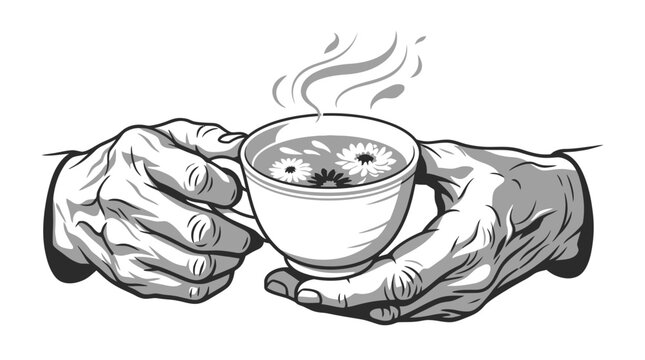 Detailed illustration of elderly hands holding a steaming cup of herbal tea.