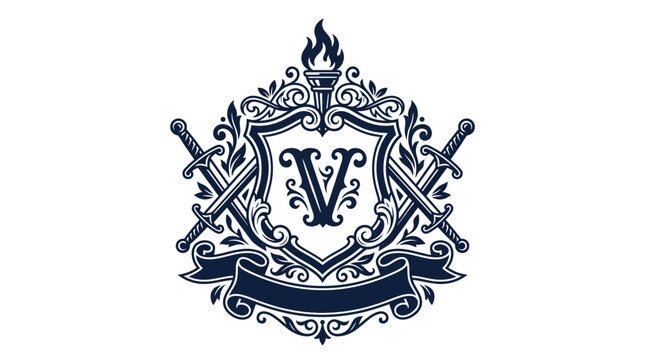 Torch and shield heraldic crest with letter V.