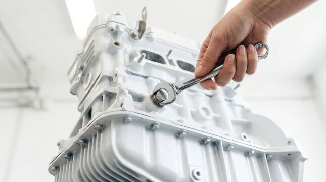 Human inspecting engine, focusing on spark plug
