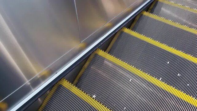 Close up POV of moving on modern escalator stairs with yellow safety borders and stainless steel side panel. Diagonal view of steps loop